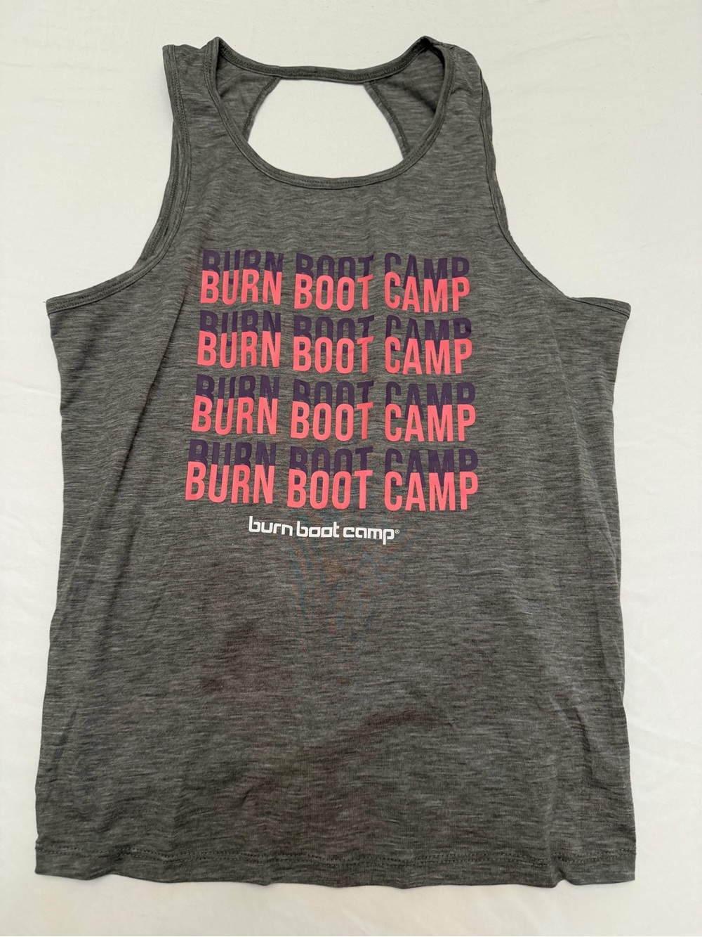 Burn Boot Camp Women's Gray Racerback Tank Top with Pink Logo